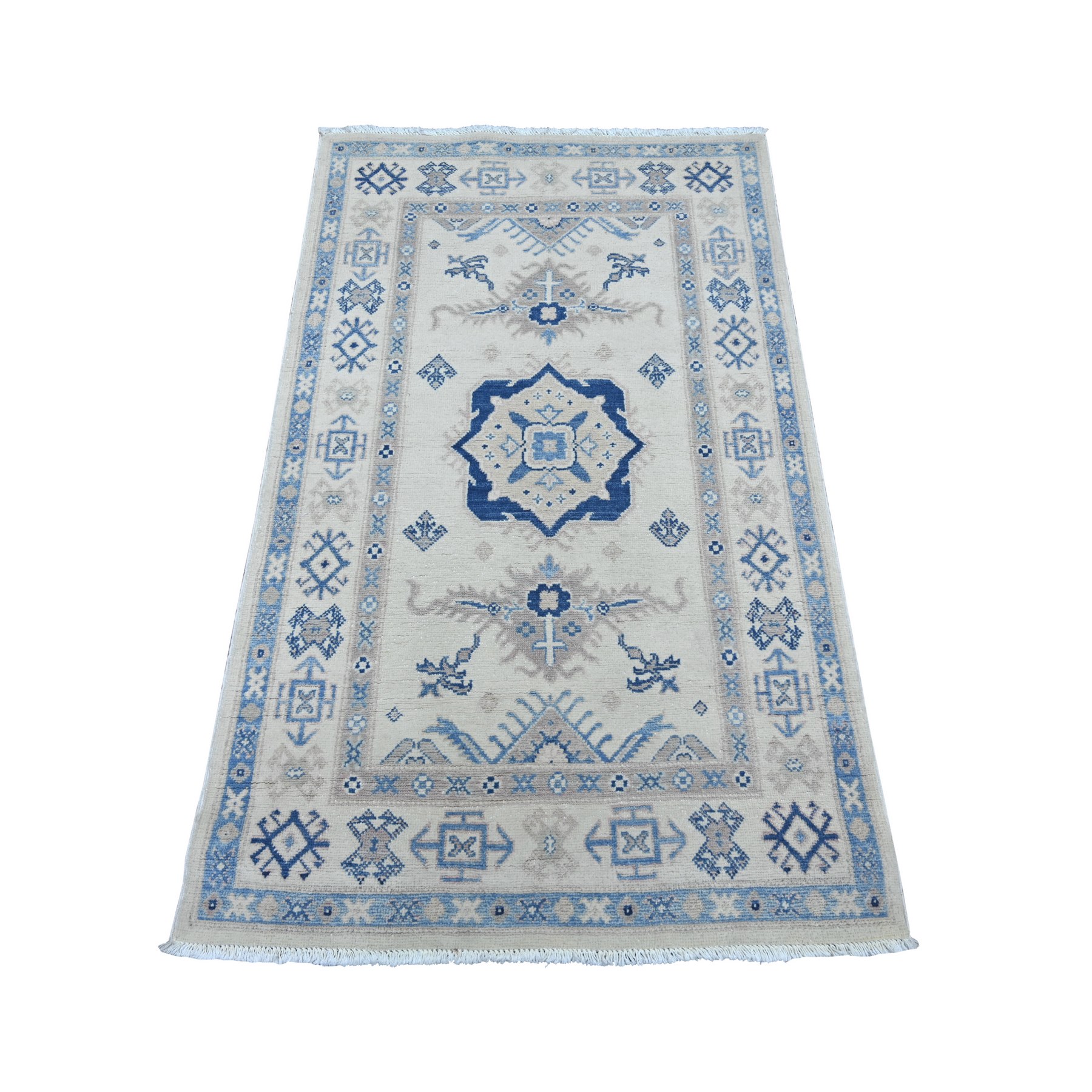3'x4'10" Alabaster White, Vintage Look Kazak with Geometric Medallion, Hand Knotted, 100% Wool, Natural Dyes, Oriental Rug 